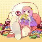  1girl bare_legs book coca-cola commentary_request covered_mouth foreshortening full_body hair_ornament hairband heart heart_hair_ornament highres holding holding_book knee_up komeiji_satori lying on_back perspective pink_hair pink_skirt purple_shirt reclining red_eyes shiroi_karasu shirt shoe_soles short_hair simple_background skirt solo third_eye touhou translation_request 