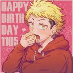  1boy black_hair blonde_hair earrings eating happy_birthday highres hood hood_down hoodie jewelry kazamatsuri_kanshi looking_at_viewer male_focus open_mouth pink_background red_hoodie seriyama_(srym_s) short_hair solo upper_body witch_watch yellow_eyes 