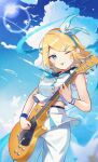  1girl absurdres bird blonde_hair blue_eyes blue_ribbon blue_sky bow bracelet bubble cloud cropped_shirt hair_bow hairband highres holding_guitar inuyama_(1109) jewelry kagamine_rin looking_at_viewer multiple_hairpins one_eye_closed pants playing_guitar plectrum ribbon short_hair short_sleeves skirt sky smile standing star_(symbol) vocaloid white_pants white_skirt 