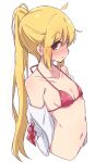  1girl bikini blonde_hair bocchi_the_rock! breasts collarbone highres ijichi_nijika long_hair looking_at_viewer mel_(melty_pot) navel red_bikini side_ponytail simple_background small_breasts solo swimsuit white_background 
