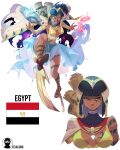  1girl a2t_will_draw ankh artist_name black_hair book breasts brown_footwear clothing_request egyptian egyptian_clothes egyptian_flag gladiator_sandals highres hime_cut hole_in_chest hole_on_body humanization medium_hair multiple_views original red_eyes sandals scroll shoe_soles solo space tears toes white_background 