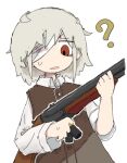  1girl ? bags_under_eyes bandage_over_one_eye brown_dress bullet collared_shirt confused double-barreled_shotgun dress frown furrowed_brow grey_hair gun holding holding_bullet holding_gun holding_weapon looking_at_object looking_down one_eye_covered open_mouth original red_eyes reloading shirt short_hair shotgun shotgun_shell sidelocks simple_background sleeve_rolled_up sleeveless sleeveless_dress solo sweatdrop torosakana upper_body weapon white_background 