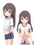  1girl black_shorts blush brown_eyes brown_hair chestnut_mouth closed_mouth commentary_request feet_out_of_frame gym_shirt gym_shorts gym_uniform highres knees_together_feet_apart knees_up long_hair midriff multiple_views navel original panties panties_under_shorts parted_lips puffy_short_sleeves puffy_sleeves shirt short_shorts short_sleeves shorts sitting socks standing takasuma_hiro tied_shirt translation_request underwear upshorts very_long_hair white_panties white_shirt white_socks 