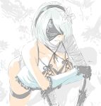  1girl 2b_(nier:automata) bandaged_arm bandaged_leg bandaged_neck bandages bare_shoulders black_blindfold blindfold braid breasts cleavage collarbone cosplay covered_eyes cross-laced_clothes detached_sleeves flower gloves hair_flower hair_ornament hairband highres kaine_(nier) kaine_(nier)_(cosplay) large_breasts mitsugu mole mole_under_mouth nier nier:automata nier_(series) panties parted_lips short_hair simple_background smile solo standing sword thigh_strap underwear weapon white_hair white_panties 