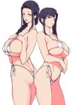  2girls aiue_oka ass-to-ass bare_shoulders bikini black_hair blush braid breasts collarbone covered_nipples hair_over_shoulder hair_ribbon hands_on_own_chest highleg highleg_bikini highres huge_breasts large_breasts long_hair looking_at_viewer micro_bikini miyajima_sakura miyajima_tsubaki mother_and_daughter multiple_girls navel open_mouth original purple_eyes red_ribbon ribbon saimin_seishidou side-tie_bikini_bottom side_ponytail simple_background single_braid string_bikini sweat sweatdrop swimsuit tsurime twisted_torso white_background white_bikini 