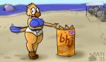  2021 absurd_res anthro avian background_character beverage big_breasts bird blue_body blue_feathers blush bottomwear breasts clothed clothing covering covering_breasts covering_self detailed_background english_text feathers female hi_res huge_breasts hyper hyper_breasts mattthetooncat nervous_expression nude_beach shaking shy signature solo_focus sound_effects standing tail_feathers talons text topless topless_female wide_hips yellow_body yellow_feathers 