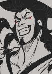  1boy benji-doodles eyeliner food grin happy highres kouzuki_oden long_hair makeup male_focus oden one_piece red_eyeliner samurai sketch smile teeth 