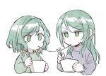  2girls akni bang_dream! bow bowl braid chopsticks commentary_request food green_eyes green_hair green_sweater grey_sweater hair_bow hikawa_hina hikawa_sayo holding holding_bowl holding_chopsticks imminent_kiss incest looking_at_another lowres multiple_girls multiple_hair_bows noodles ramen siblings sisters sweater twin_braids twincest twins yuri 