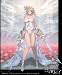 1girl bare_shoulders blonde_hair blue_eyes breasts character_request commentary_request copyright_name covered_navel cuboon elbow_gloves evertale falling_petals flower gloves highres holding holding_sword holding_weapon large_breasts looking_at_viewer official_art outdoors parted_lips petals see-through short_hair solo standing sunlight sword thighs weapon white_footwear white_gloves white_headwear 