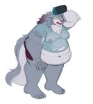  absurd_res anthro blue_body blue_fur blue_hair bodily_fluids bottle bottomwear canid canine canis clothing container fat_arms fat_legs fur hair hati_(housamo) hi_res lichinthesystem lifewonders male mammal managarmr_(housamo) moobs navel nipples one_eye_closed overweight overweight_male purple_hair shorts solo sweat tearing_shirt thick_thighs tokyo_afterschool_summoners water_bottle white_body white_fur wolf 