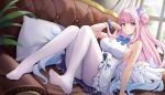  1girl bare_shoulders blue_archive blue_bow bow breasts closed_mouth couch dress dress_bow hair_bun hair_ornament hair_scrunchie hand_up highres indoors large_breasts long_hair low_wings mika_(blue_archive) multicolored_hair no_halo on_couch otakueden1995 pantyhose pillow pink_hair scrunchie sidelocks single_hair_bun sitting sleeveless sleeveless_dress smile solo white_pantyhose white_wings window wings wrist_scrunchie yellow_eyes 