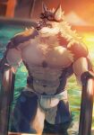 1boy abs animal_ears bara bulge commission furry furry_male goggles goggles_on_head grey_fur highres large_pectorals looking_to_the_side male_focus male_swimwear mature_male muscular muscular_male navel navel_hair neumo nipples original pectorals poolside scar second-party_source short_hair solo stomach strongman_waist sunset swim_briefs tail thick_eyebrows thick_thighs thighs topless_male white_male_swimwear wolf_boy wolf_ears wolf_tail 