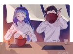  1boy 1girl artist_name black_hair blue_hair blush bowl chopsticks closed_eyes cup drinking_glass hair_behind_ear holding holding_bowl holding_chopsticks horns lum moroboshi_ataru multicolored_hair nanashi_(mia) pointy_ears purple_hair shadow streaked_hair sweater tray urusei_yatsura water white_sweater 