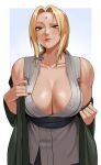  1girl artist_name blonde_hair blush breasts facial_mark forehead_mark gud0c highres naruto_(series) ninja smug teasing tsunade_(naruto) yellow_eyes 