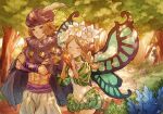  1boy 1girl absurdres bandaged_arm bandages blonde_hair braid butterfly_wings cape closed_eyes closed_mouth eating fairy fairy_wings fantasy feathers flower food forest fruit hakumai_(hakumai_art) head_wreath highres holding ingway_(odin_sphere) looking_at_viewer medium_hair mercedes_(odin_sphere) nature odin_sphere plant pointy_ears puff_and_slash_sleeves puffy_sleeves purple_cape purple_eyes sash smile tree turban wings 