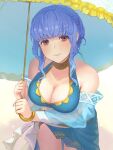  1girl aoisu_ao bags_under_eyes bikini blue_bikini blue_hair blue_nails blue_sarong blue_umbrella blush braid breasts brown_eyes cleavage closed_mouth commentary_request crown_braid fingernails fire_emblem fire_emblem:_three_houses fire_emblem_heroes highres holding holding_umbrella large_breasts looking_at_viewer marianne_von_edmund marianne_von_edmund_(summer) official_alternate_costume parasol sarong short_hair sidelocks solo swimsuit umbrella 