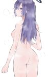  1girl ass blue_archive blush breasts completely_nude dopushan halo highres long_hair looking_at_viewer looking_back median_furrow medium_breasts nipples nude purple_eyes purple_hair simple_background solo steam straight_hair water_drop white_background yuuka_(blue_archive) 