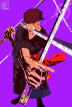 1boy bandana black_bandana blood blood_on_face earrings green_hair highres holding japanese_clothes jewelry looking_at_viewer male_focus one_piece purple_background roronoa_zoro scar scar_across_eye scar_on_chest short_hair signature solo straw_hat_pirates sword taku_(aywakutakuay) triple_wielding weapon 