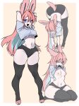 anthro bent_over bottomwear breasts butt clothed clothing clothing_lift crop_top eeveelution female fur generation_6_pokemon hair hi_res hotpants kneeling legwear long_ears long_hair marzipantwt midriff nintendo nipples pink_hair pokemon pokemon_(species) shirt shirt_in_mouth shirt_lift shorts solo standing stockings stretching sylveon thigh_highs topwear white_body white_fur 