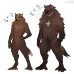  2023 anthro breasts brown_body brown_eyes brown_fur canid canine clothed clothing dated duo featureless_breasts featureless_crotch female front_view fur green_eyes hand_on_hip lostgoose male mammal mouth_closed navel nude signature simple_background standing white_background 