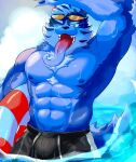  abs anthro blue_body blue_eyes blue_fur bottomwear canid canine canis clothing eyewear fur hi_res kesigomu_kemo lifewonders long_tongue male mammal muscular muscular_anthro muscular_male nipples one_eye_closed partially_submerged pecs shirtless shorts solo sunglasses swim_ring tindalos_(tas) tokyo_afterschool_summoners tongue wink wolf 