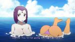  2girls alternate_breast_size ass bikini blue_sky breasts cleavage cloud collarbone colored_skin dc_comics english_text facial_mark forehead_mark g-string highres large_breasts multiple_girls ocean orange_skin pale_skin partially_submerged purple_hair raven_(dc) sky starfire subtitled swimming swimsuit teen_titans thong threetwigs 