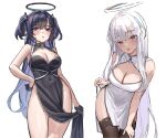  2girls absurdres alternate_costume armpits bare_arms bare_shoulders black_dress black_gloves black_hair blue_archive blue_eyes breasts brown_thighhighs china_dress chinese_clothes cleavage closed_mouth cowboy_shot dress gloves hair_ornament halo hand_on_own_hip headgear highres large_breasts leaning_forward legs long_hair looking_at_viewer multiple_girls no_panties noa_(blue_archive) open_mouth pelvic_curtain purple_eyes raki_kr sleeveless sleeveless_dress smile standing thighhighs thighs two_side_up unfinished very_long_hair white_dress white_hair yuuka_(blue_archive) 