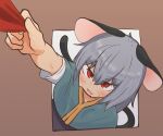  1girl absurdres animal_ears blush brown_background capelet commentary_request dress green_capelet greenpiecerice grey_dress grey_hair hair_between_eyes highres long_bangs mouse_ears mouse_girl mouse_tail nazrin open_mouth red_eyes shirt short_hair short_sleeves solo sweat tail touhou upper_body white_shirt 