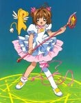  1girl absurdres blue_background brown_hair cardcaptor_sakura child dress green_eyes happy highres holding holding_wand kero kinomoto_sakura magical_girl official_art open_mouth star_(symbol) wand white_dress white_footwear 