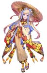  1girl :d alternate_color blonde_hair blue_bow blue_eyes blue_hair bow bright_pupils hair_bow hair_rings highres holding holding_umbrella japanese_clothes katagiri_hachigou kimono long_hair looking_at_viewer milotic multicolored_hair oil-paper_umbrella open_mouth over_shoulder personification pokemon shiny_pokemon simple_background smile solo tabi tassel teeth two-tone_hair umbrella umbrella_over_shoulder upper_teeth_only white_background white_pupils wide_sleeves zouri 
