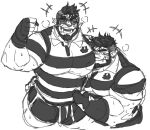  2boys aldrich_(4giogio4) alternate_costume arm_hair bara beard blush breath chest_hair couple cropped_legs face_to_pecs facial_hair greyscale hairy highres huge_pectorals juggermelon laughing male_focus mature_male mohawk monochrome monster_boy multiple_boys muscular muscular_male orc original pointy_ears rhys_(juggermelon) rugby_uniform short_hair short_shorts shorts smile sportswear sunglasses sweat thick_eyebrows tusks undercut yaoi 