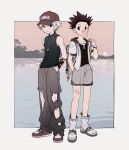  2boys backpack bag bandaid bandaid_on_face bandaid_on_leg bandaid_on_nose baseball_cap black_eyes black_hair black_pants bubble_blowing closed_mouth full_body gon_freecss grey_hair grey_shorts hand_in_pocket hat highres hunter_x_hunter jewelry kiko killua_zoldyck male_focus multiple_boys necklace pants red_headwear shirt shoes short_sleeves shorts sleeveless spiked_hair standing torn_clothes torn_pants 