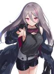  1girl absurdres black_coat black_gloves blush breasts coat collarbone commentary_request commission cowboy_shot fur-trimmed_coat fur_trim girls&#039;_frontline gloves goggles goggles_around_neck grey_hair highres hvar127 long_hair looking_at_viewer medium_breasts multicolored_hair off_shoulder open_clothes open_coat open_mouth purple_eyes purple_hair shorts simple_background skeb_commission smile solo streaked_hair t-cms_(girls&#039;_frontline) tank_top truvelo_cms 