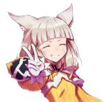  1girl :d absurdres animal_ears cat_ears cat_girl closed_eyes facing_viewer gloves grey_hair grin highres jumpsuit long_sleeves nia_(xenoblade) outstretched_arm short_hair simple_background smile solo teeth tsukinaga upper_body v white_background white_gloves white_hood xenoblade_chronicles_(series) xenoblade_chronicles_2 yellow_jumpsuit 
