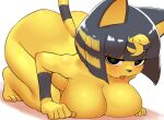  2023 all_fours animal_crossing ankha_(animal_crossing) anthro ass_up bandage big_breasts black_eyes blue_body blue_fur blush breast_squish breasts butt cleavage clothed clothing domestic_cat egyptian_headdress eyelashes felid feline felis female fur grey_hair hair hi_res huge_breasts looking_at_viewer mammal markings nintendo nobunagapero nude open_mouth short_hair simple_background solo squish striped_markings striped_tail stripes tail tail_markings thick_thighs tongue tongue_out uraeus white_background wide_hips yellow_body yellow_fur 