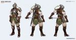  1boy armor artist_name brown_footwear brown_gloves character_name chest_armor clenched_hands concept_art emirriart english_commentary full_body genji_(overwatch) gloves helmet holding holding_sword holding_weapon knight logo long_sleeves male_focus official_art overwatch overwatch_2 sheath sheathed simple_background solo standing sword weapon white_background white_sleeves 