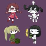  4girls 6_9 black_eyes black_hair blonde_hair blunt_bangs braid brown_hair brown_skirt checkered_clothes checkered_skirt chibi closed_eyes closed_mouth collared_shirt colored_skin commentary_request dripping_eye expressionless extra_arms flat_chest flower food fruit full_body gedougawa green_sweater grey_skirt hair_between_eyes holding holding_flower long_hair long_sleeves looking_at_viewer looking_to_the_side madotsuki medium_bangs medium_hair monoe monoko multiple_girls open_mouth pink_sweater poniko ponytail purple_eyes purple_skirt red_footwear shirt shoes short_sleeves simple_background skirt smile standing sunflower sweater turtleneck twin_braids twintails watermelon white_footwear white_shirt white_skin yellow_flower yume_nikki 