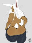  absurd_res animal_ears animal_humanoid animal_tail back_boob big_butt black_clothing black_thong black_underwear bottomwear breasts butt clothed clothing cotton_tail dankwoll dark_body dark_skin denim denim_clothing eyelashes eyes_closed female fur grey_background hair hi_res huge_butt humanoid jeans lagomorph lagomorph_humanoid leporid_humanoid long_hair mammal mammal_humanoid miruko muscular muscular_female my_hero_academia pants rabbit_humanoid rear_view simple_background solo thick_thighs thong topless underwear white_body white_fur white_hair wide_hips 