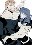  1girl abs ass blue_eyes blue_hair breasts butt_crack byleth_(female)_(fire_emblem) byleth_(fire_emblem) cleavage expressionless father_and_daughter fire_emblem fire_emblem:_three_houses grabbing hand_grab height_difference highres implied_incest jeralt_reus_eisner large_breasts large_pectorals long_hair muscular muscular_male negiwo pectorals simple_background size_difference solo 