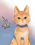  b-12_(stray) cat commentary_request cyberpunk drone floating ginger_(stray) green_eyes harness looking_at_viewer mabuji machinery no_humans radio_antenna robot science_fiction sketch strap stray_(game) title 