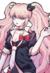  1girl ;o bear_hair_ornament black_choker black_necktie blue_eyes bow breasts choker cleavage collarbone danganronpa:_trigger_happy_havoc danganronpa_(series) enoshima_junko gradient_background hair_ornament hand_up highres large_breasts mori32d necktie one_eye_closed open_mouth red_bow red_skirt shirt_bow skirt solo twintails white_necktie 