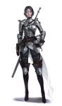  1girl absurdres armor black_hair breastplate brown_gloves commentary english_commentary full_armor full_body gloves green_eyes hair_between_eyes headwear_removed helmet helmet_removed highres holding holding_helmet original parted_lips pauldrons short_hair shoulder_armor sideways_glance solo standing sword sword_on_back weapon weapon_on_back whata white_background 