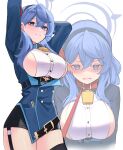  absurdres ako_(blue_archive) black_skirt black_thighhighs blue_archive blue_eyes blue_hair blue_hairband blue_jacket breasts collar garter_belt hairband highres jacket large_breasts looking_at_viewer setakman shirt skirt thighhighs white_shirt 