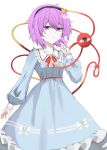  1girl adapted_costume black_hairband blue_dress bow commentary_request dress hairband heart highres komeiji_satori kuro_wa_shinoru long_sleeves looking_at_viewer messy_hair open_mouth pink_eyes pink_hair short_hair solo third_eye touhou twitter_username white_bow 