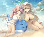 2girls ass bare_legs barefoot beach bikini blonde_hair blue_archive blue_eyes breasts brown_hair cleavage closed_mouth collarbone commentary_request crossed_bangs eyewear_on_head fang feet frilled_bikini frills green_eyes hair_between_eyes hair_bobbles hair_ornament halo hat heterochromia highres hoshino_(blue_archive) hoshino_(swimsuit)_(blue_archive) inflatable_toy inflatable_whale large_breasts long_hair looking_at_viewer multiple_girls navel nonomi_(blue_archive) nonomi_(swimsuit)_(blue_archive) ocean one_eye_closed open_mouth outdoors pink_hair rock shiidap smile soles sun_hat sunglasses swimsuit toes very_long_hair wet white_bikini yellow_eyes 