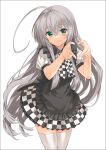  1girl ahoge apron black_apron black_trim bow checkered_bow checkered_clothes checkered_trim collar collared_apron cowboy_shot eyes_visible_through_hair floating_hair frilled_apron frilled_collar frilled_skirt frills green_eyes grey_hair grin hair_between_eyes haiyore!_nyaruko-san heart heart_hands huge_ahoge koin_(foxmark) light_blush looking_at_viewer nyarlathotep_(nyaruko-san) official_art pleated_skirt puffy_short_sleeves puffy_sleeves shiny_clothes short_sleeves simple_background skirt smile solo thighhighs third-party_source translucent_hair white_background white_thighhighs zettai_ryouiki 