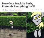  blonde_hair derp_eyes derpy_hooves_(mlp) english_text female friendship_is_magic fur grey_body grey_fur hair hasbro meme my_little_pony plant shrub smile text unknown_artist yellow_eyes 