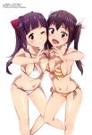  2girls :d ;d absurdres arm_behind_back ass bare_shoulders bent_over bikini black_hair blunt_bangs blush bow breast_press breasts brown_hair cleavage closed_mouth collarbone dodonko_(konosuba) eyelashes feet_out_of_frame foot_up funifura hair_between_eyes hair_bow hair_ornament hair_ribbon hand_on_another&#039;s_hand heart heart_hands highres kimura_yukitaka kono_subarashii_sekai_ni_bakuen_wo! kono_subarashii_sekai_ni_shukufuku_wo! leaning_forward long_hair looking_at_viewer magazine_scan medium_breasts megami_magazine multiple_girls navel official_art one_eye_closed open_mouth orange_bikini ponytail red_bow red_eyes red_pupils red_ribbon ribbon scan side-by-side side-tie_bikini_bottom simple_background skindentation smile standing string_bikini striped striped_bikini swimsuit twintails underboob white_background white_bikini white_ribbon x_hair_ornament yellow_bikini 