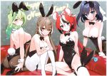  1girl 4girls absurdres alternate_costume animal_ears antlers ass blue_eyes blue_hair bow bowtie breasts brown_hair ceres_fauna chinese_zodiac cleavage detached_collar dice dice_hair_ornament fishnet_pantyhose fishnets flower green_hair grin groin_tendon hair_flower hair_ornament hakos_baelz happy_new_year high_heels highres holocouncil hololive hololive_english knees_up kutata large_breasts leaning_forward leotard long_hair looking_at_viewer medium_breasts medium_hair mouse_ears mouse_tail multicolored_hair multiple_girls nanashi_mumei ouro_kronii pantyhose playboy_bunny ponytail rabbit_ears rabbit_tail red_hair ribbon scan sideboob sitting smile solo strapless strapless_leotard streaked_hair tail tail_ornament tail_ribbon virtual_youtuber wariza wrist_cuffs year_of_the_rabbit yellow_eyes 