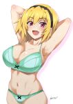  1girl aged_up aoi_manabu armpits arms_behind_head black_hairband blonde_hair blush bra breasts cleavage collarbone commission dated fang green_bra green_panties groin hairband highres higurashi_no_naku_koro_ni houjou_satoko large_breasts navel open_mouth panties pixiv_commission red_eyes revision short_hair signature simple_background smile solo underwear white_background 